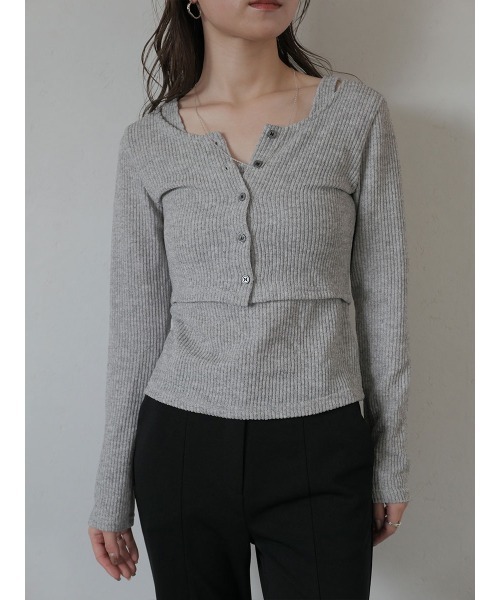 Reurie'(レウリィ)の「【2点セット】レイヤードカーディガンセット/layered cardigan set 長袖 クロップド丈 タンクトップ 重ね着 アンサンブル シンプル カジュアル モード(アンサンブル・レディース・チャコールグレー/ライトグレー・FREE)」の5枚目の写真