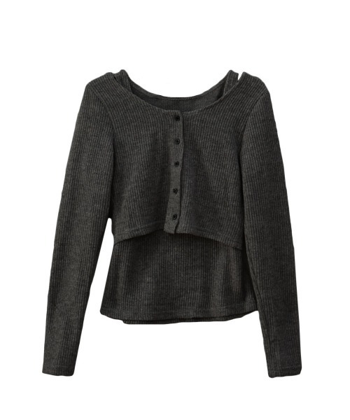 Reurie'(レウリィ)の「【2点セット】レイヤードカーディガンセット/layered cardigan set 長袖 クロップド丈 タンクトップ 重ね着 アンサンブル シンプル カジュアル モード(アンサンブル・レディース・チャコールグレー/ライトグレー・FREE)」の9枚目の写真
