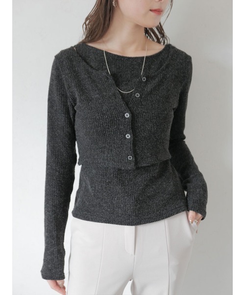 Reurie'(レウリィ)の「【2点セット】レイヤードカーディガンセット/layered cardigan set 長袖 クロップド丈 タンクトップ 重ね着 アンサンブル シンプル カジュアル モード(アンサンブル・レディース・チャコールグレー/ライトグレー・FREE)」の7枚目の写真