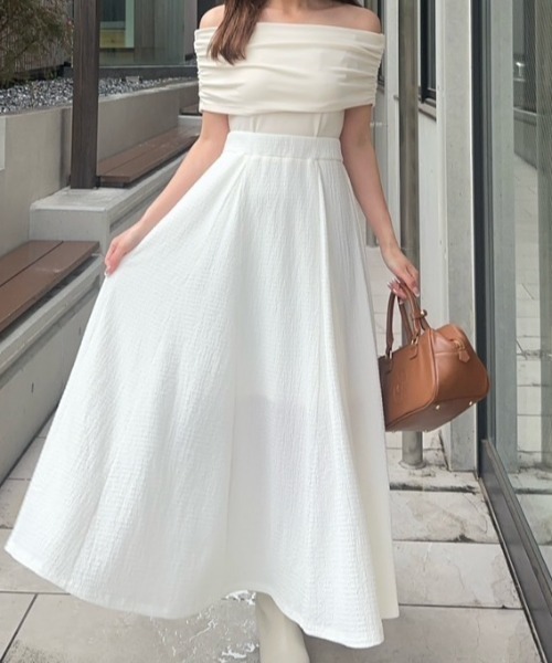 セール】オフショルダーカットフレアワンピース 夏服 半袖