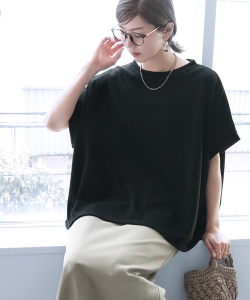 reca(レカ)の「無地/ボーダー柄 ボックスノースリワッフルワイドカットソー(Tシャツ/カットソー・レディース・ホワイト×パープル/ホワイト×ブラック/ベージュ/ブラック・FREE)」の17枚目の写真