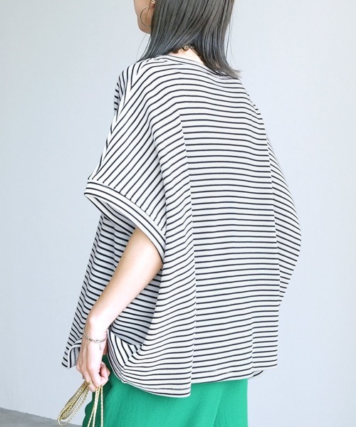 reca(レカ)の「無地/ボーダー柄 ボックスノースリワッフルワイドカットソー(Tシャツ/カットソー・レディース・ホワイト×パープル/ホワイト×ブラック/ベージュ/ブラック・FREE)」の7枚目の写真