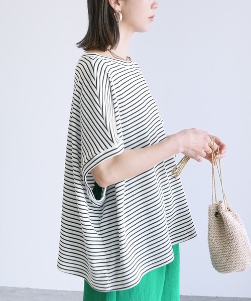 reca(レカ)の「無地/ボーダー柄 ボックスノースリワッフルワイドカットソー(Tシャツ/カットソー・レディース・ホワイト×パープル/ホワイト×ブラック/ベージュ/ブラック・FREE)」の8枚目の写真