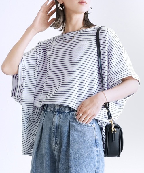 reca(レカ)の「無地/ボーダー柄 ボックスノースリワッフルワイドカットソー(Tシャツ/カットソー・レディース・ホワイト×パープル/ホワイト×ブラック/ベージュ/ブラック・FREE)」の9枚目の写真