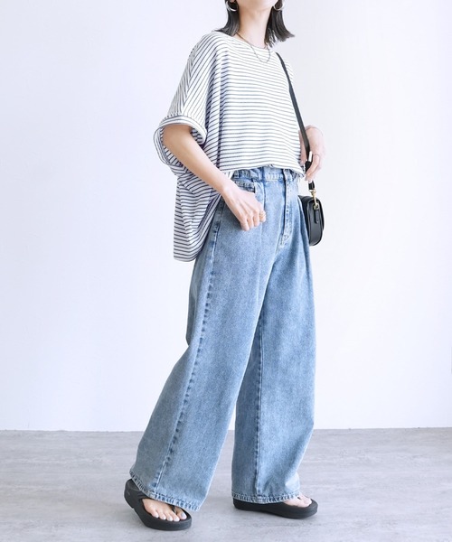 reca(レカ)の「無地/ボーダー柄 ボックスノースリワッフルワイドカットソー(Tシャツ/カットソー・レディース・ホワイト×パープル/ホワイト×ブラック/ベージュ/ブラック・FREE)」の10枚目の写真