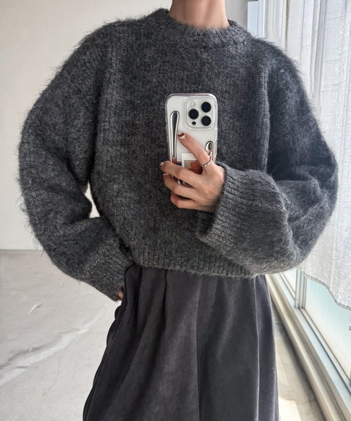 select MOCA by son（セレクトモカバイソン）の「ヘアリーショートニット（ニット/セーター・レディース・ホワイト/ブラウン/ブラック/ライトブラウン/グレー・FREE）」の4枚目の写真