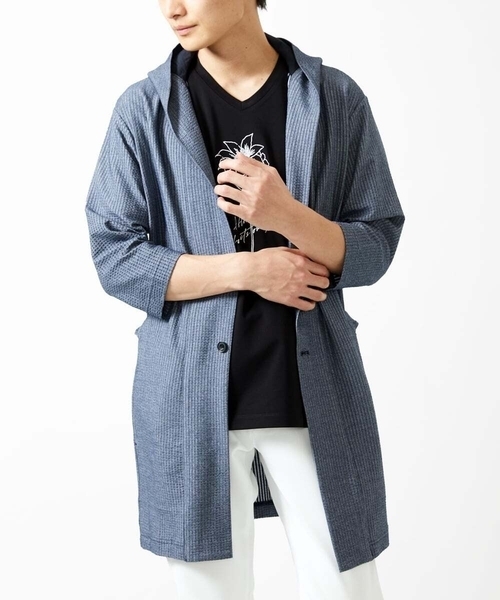 MK MICHEL KLEIN HOMME （エムケーミッシェルクランオム）の「【ゆったりサイズ／洗える】サッカーストライプフードカーディガン（カーディガン/ボレロ・メンズ・ブルー/クリアブルー/ダークネイビー・46/48）」の2枚目の写真