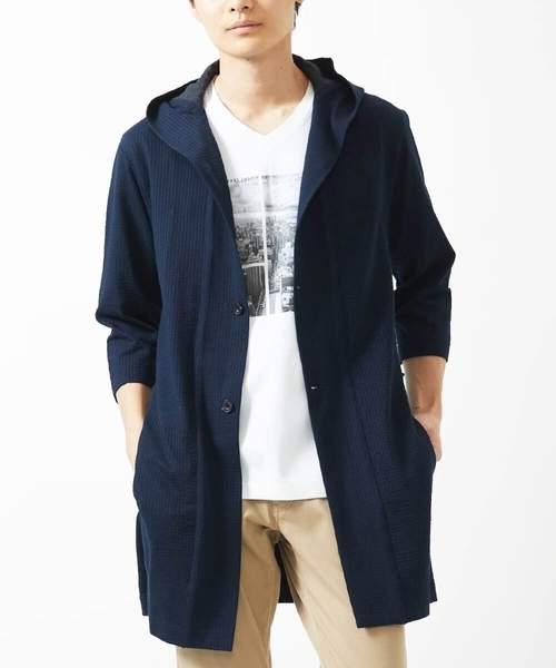 MK MICHEL KLEIN HOMME （エムケーミッシェルクランオム）の「【ゆったりサイズ／洗える】サッカーストライプフードカーディガン（カーディガン/ボレロ・メンズ・ブルー/クリアブルー/ダークネイビー・46/48）」の3枚目の写真