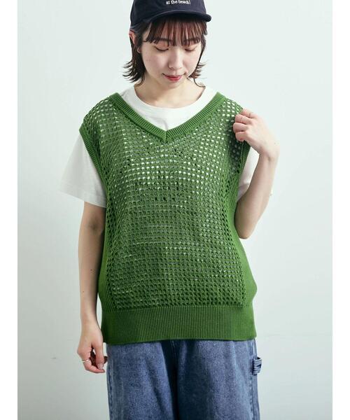 SM2（エスエムツー）の「メッシュニットVネックベスト（ベスト・レディース・オフホワイト/ブラック/グリーン・F）」の4枚目の写真