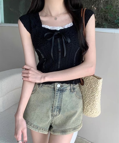 VIBGYOR(ヴィブジョー)の「スクエアネック ポコポコリボンブラウス/韓国ガーリー フレンチ袖(CZ)(Tシャツ/カットソー・レディース・ブラック/ホワイト/ベージュ・FREE)」の3枚目の写真
