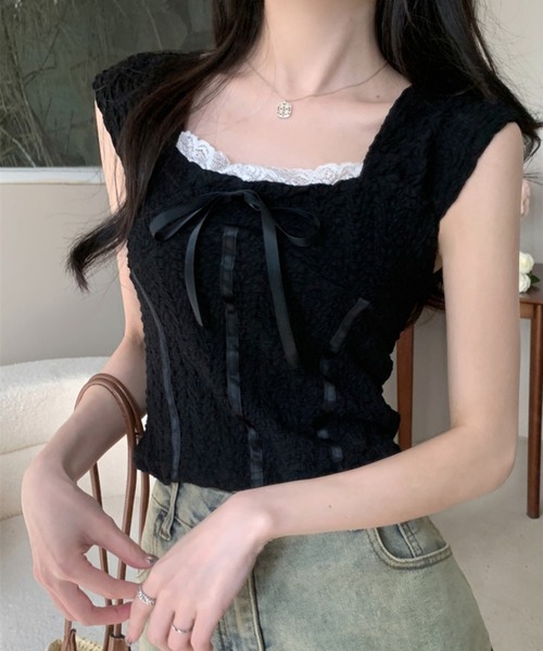 VIBGYOR(ヴィブジョー)の「スクエアネック ポコポコリボンブラウス/韓国ガーリー フレンチ袖(CZ)(Tシャツ/カットソー・レディース・ブラック/ホワイト/ベージュ・FREE)」の14枚目の写真
