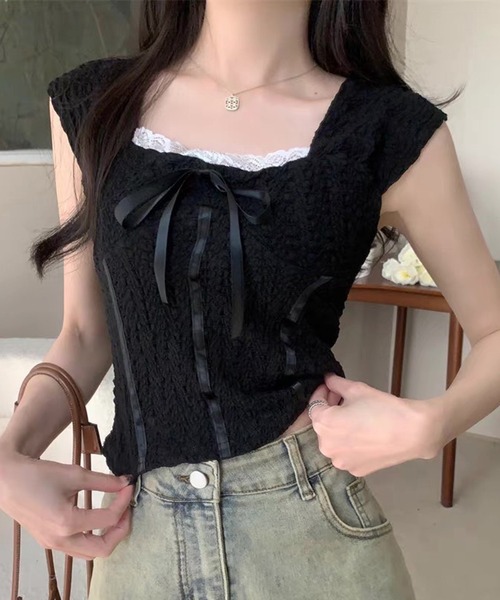 VIBGYOR(ヴィブジョー)の「スクエアネック ポコポコリボンブラウス/韓国ガーリー フレンチ袖(CZ)(Tシャツ/カットソー・レディース・ブラック/ホワイト/ベージュ・FREE)」の12枚目の写真