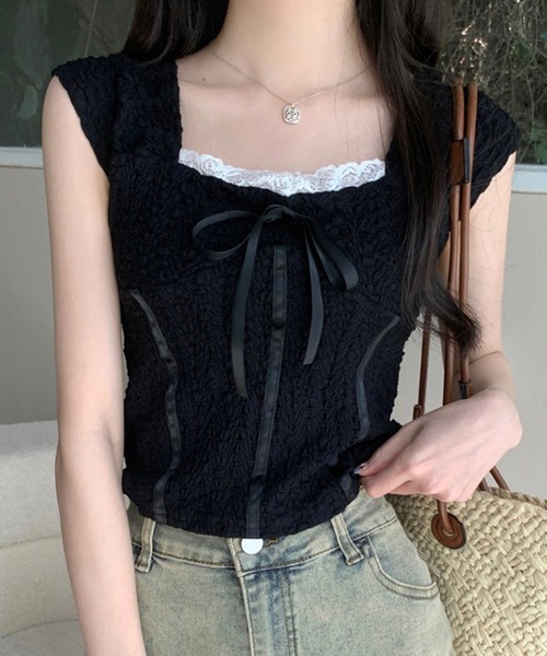 VIBGYOR(ヴィブジョー)の「スクエアネック ポコポコリボンブラウス/韓国ガーリー フレンチ袖(CZ)(Tシャツ/カットソー・レディース・ブラック/ホワイト/ベージュ・FREE)」の11枚目の写真