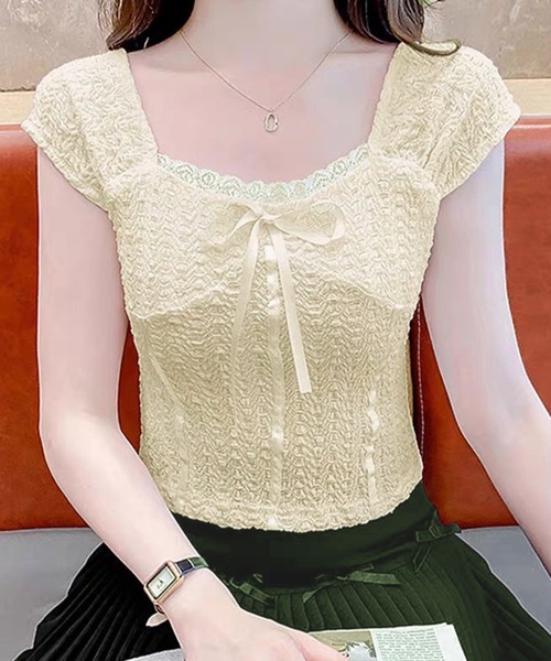 VIBGYOR(ヴィブジョー)の「スクエアネック ポコポコリボンブラウス/韓国ガーリー フレンチ袖(CZ)(Tシャツ/カットソー・レディース・ブラック/ホワイト/ベージュ・FREE)」の10枚目の写真