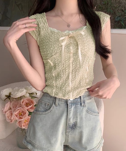 VIBGYOR(ヴィブジョー)の「スクエアネック ポコポコリボンブラウス/韓国ガーリー フレンチ袖(CZ)(Tシャツ/カットソー・レディース・ブラック/ホワイト/ベージュ・FREE)」の9枚目の写真