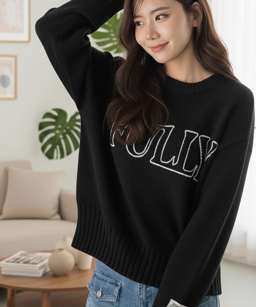 mily bilet（ミウィビレット）の「【mily bilet】ハンドステッチ風ロゴが魅力のこなれ感漂うニット（ニット/セーター・レディース・杢グレー/ブラック/アイボリー・SMALL/MEDIUM/LARGE/X-LARGE）」の2枚目の写真