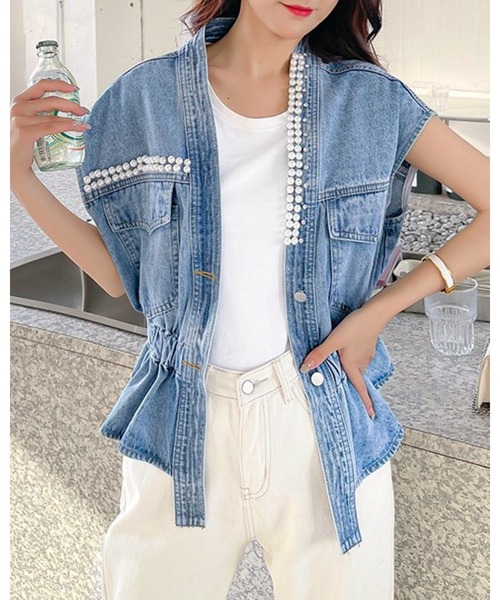 パール 装飾 ヴィンテージ デニム ベスト ミズム MEISM [MEISM by Re