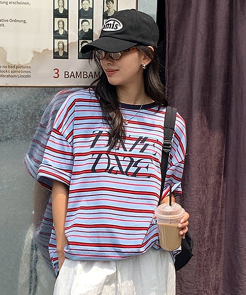 ROOPTOKYO（ループトウキョウ）の「マルチボーダーロゴプリントTシャツ 秋物 秋服 2026年秋冬（Tシャツ/カットソー・レディース・パープル/ネイビー・FREE）」の2枚目の写真