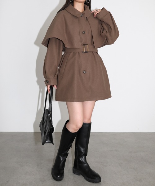 美品　アンタイトル　ケープ風　フード付きコート　ウール100% ポンチョ　モカ 美品 アンタイトル ケープ風 フード付きコート ウール100