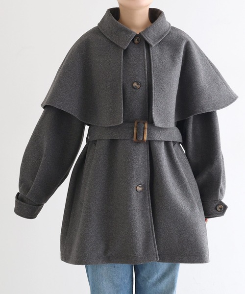 ケープ＆ベルト付きフェイクウールミドルコート（ステンカラーコート
