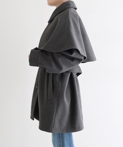 セール】ケープ＆ベルト付きフェイクウールミドルコート（ステンカラー