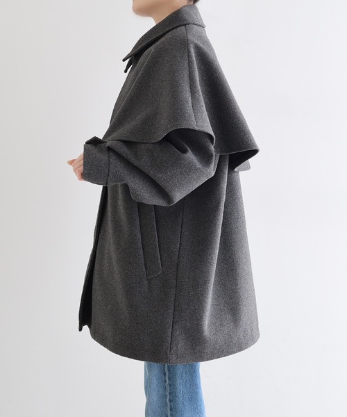 セール】ケープ＆ベルト付きフェイクウールミドルコート（ステンカラー