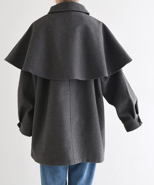 セール】ケープ＆ベルト付きフェイクウールミドルコート（ステンカラー