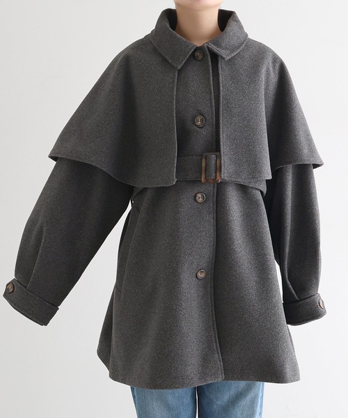 セール】ケープ＆ベルト付きフェイクウールミドルコート（ステンカラー