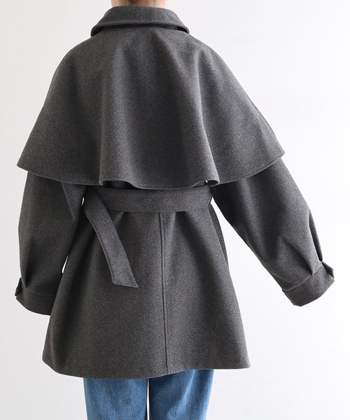 セール】ケープ＆ベルト付きフェイクウールミドルコート（ステンカラー