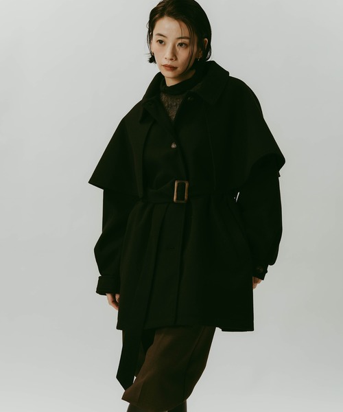 セール】ケープ＆ベルト付きフェイクウールミドルコート（ステンカラー
