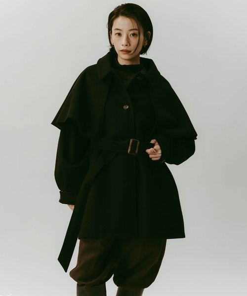 セール】ケープ＆ベルト付きフェイクウールミドルコート（ステンカラー