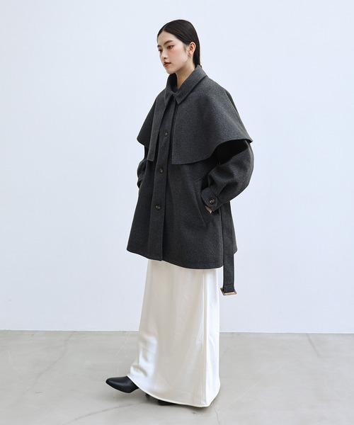 セール】ケープ＆ベルト付きフェイクウールミドルコート（ステンカラー