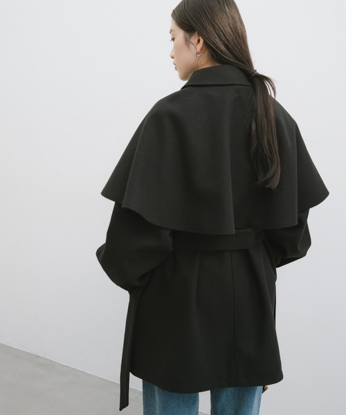 セール】ケープ＆ベルト付きフェイクウールミドルコート（ステンカラー