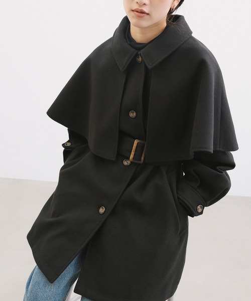 セール】ケープ＆ベルト付きフェイクウールミドルコート（ステンカラー