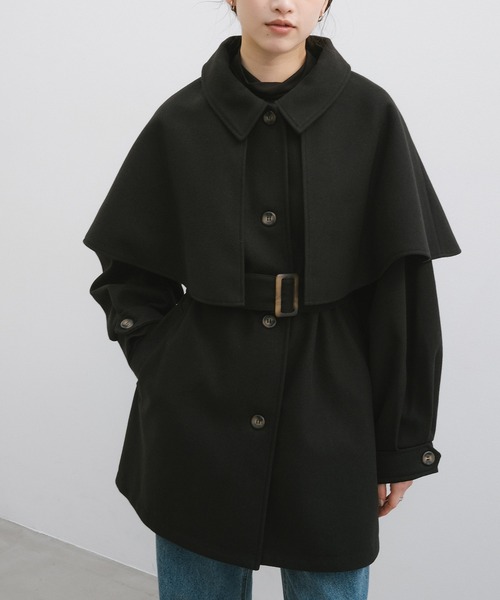 セール】ケープ＆ベルト付きフェイクウールミドルコート（ステンカラー