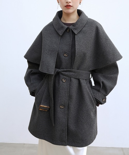 セール】ケープ＆ベルト付きフェイクウールミドルコート（ステンカラー