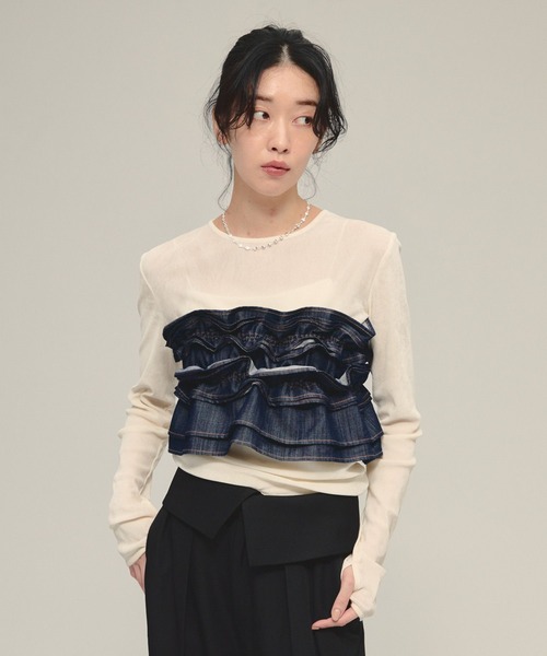 eL（エル）の「【eL】Denim Frill Bare Top/593301（キャミソール・レディース・ブラック/ネイビー・FREE）」の13枚目の写真