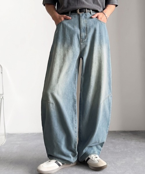 セール】ブラスト加工カーブシルエットバレルレッグデニムパンツ