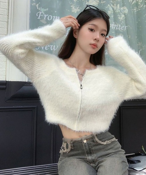 ショート丈 ふわふわ もこもこ シャギー フルジップカーディガン