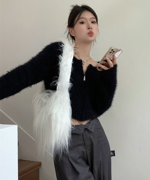 ショート丈 ふわふわ もこもこ シャギー フルジップカーディガン