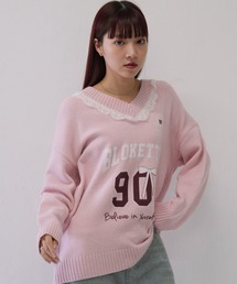 【 cunii 】 レース襟付き カレッジ ロゴ ニット 秋冬新作