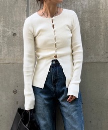 ISOOK | ボタンリブカーディガン(chiica select) / リブニット 長袖 クルーネック ロング丈 チュニック ロングスリーブ 赤ニット 無地 ブラック アイボリー ブラウン レッド 白 黒 茶 赤 ZOZOTOWN限定色(カーディガン/ボレロ)