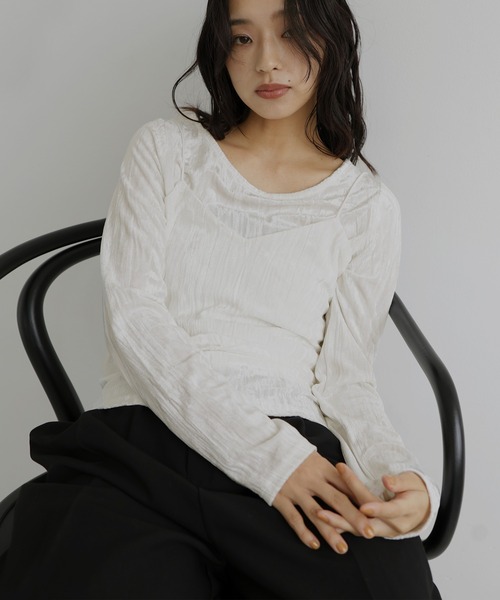 hellam(へラム)の「クラッシュベロアレイヤードロンT(Tシャツ/カットソー・レディース・オフホワイト/ブラック/ブラウン・FREE)」の2枚目の写真