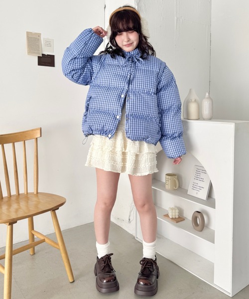 セール】【袖取り外し可能】チェックリボンダウンジャケット/ダウン