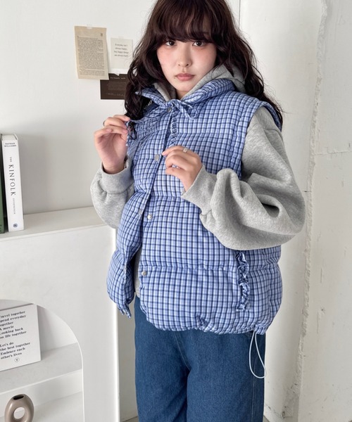 セール】【袖取り外し可能】チェックリボンダウンジャケット/ダウン