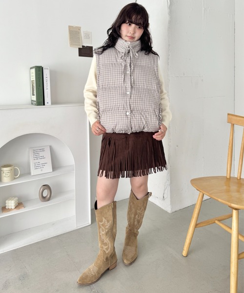 セール】【袖取り外し可能】チェックリボンダウンジャケット/ダウン