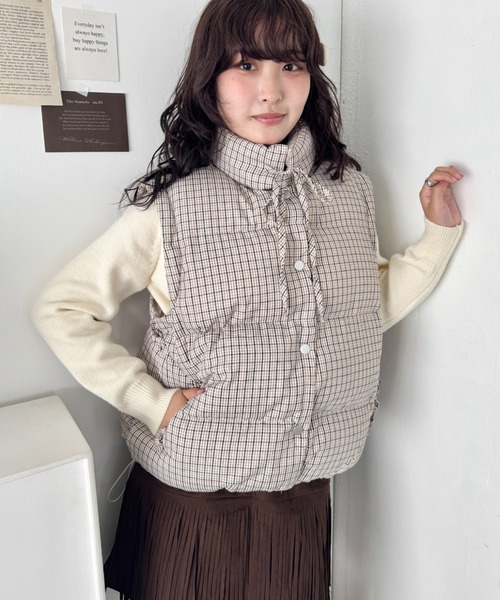 セール】【袖取り外し可能】チェックリボンダウンジャケット/ダウン