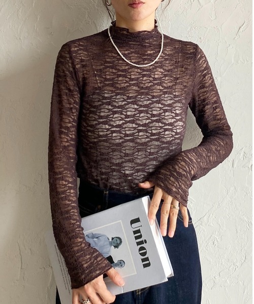 She's Closet(シーズクローゼット)の「ハイネック長袖シースルージャガードシアーカットソートップス(Tシャツ/カットソー・レディース・ブラウン/アイボリー/ブラック・FREE)」の3枚目の写真