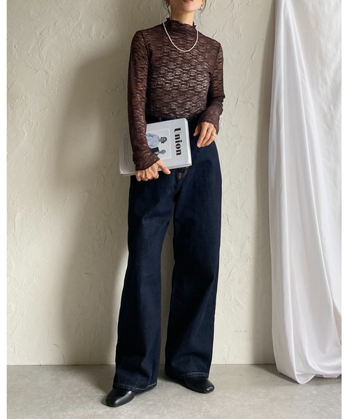 She's Closet(シーズクローゼット)の「ハイネック長袖シースルージャガードシアーカットソートップス(Tシャツ/カットソー・レディース・ブラウン/アイボリー/ブラック・FREE)」の9枚目の写真