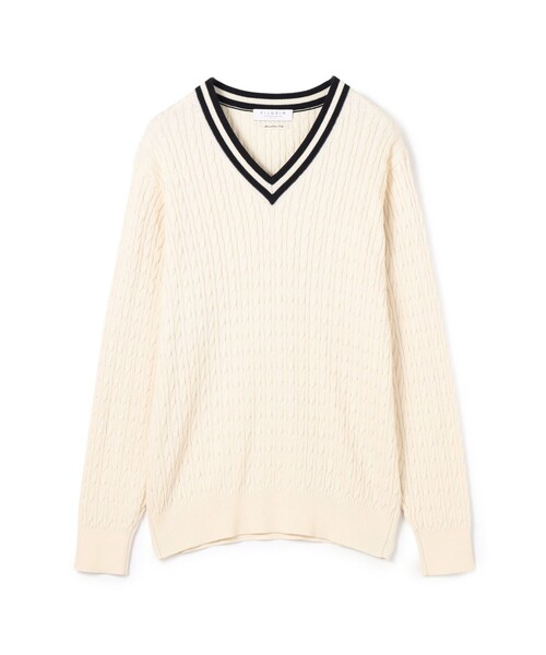 コットンシルク Vネックプルオーバー ケーブルニット